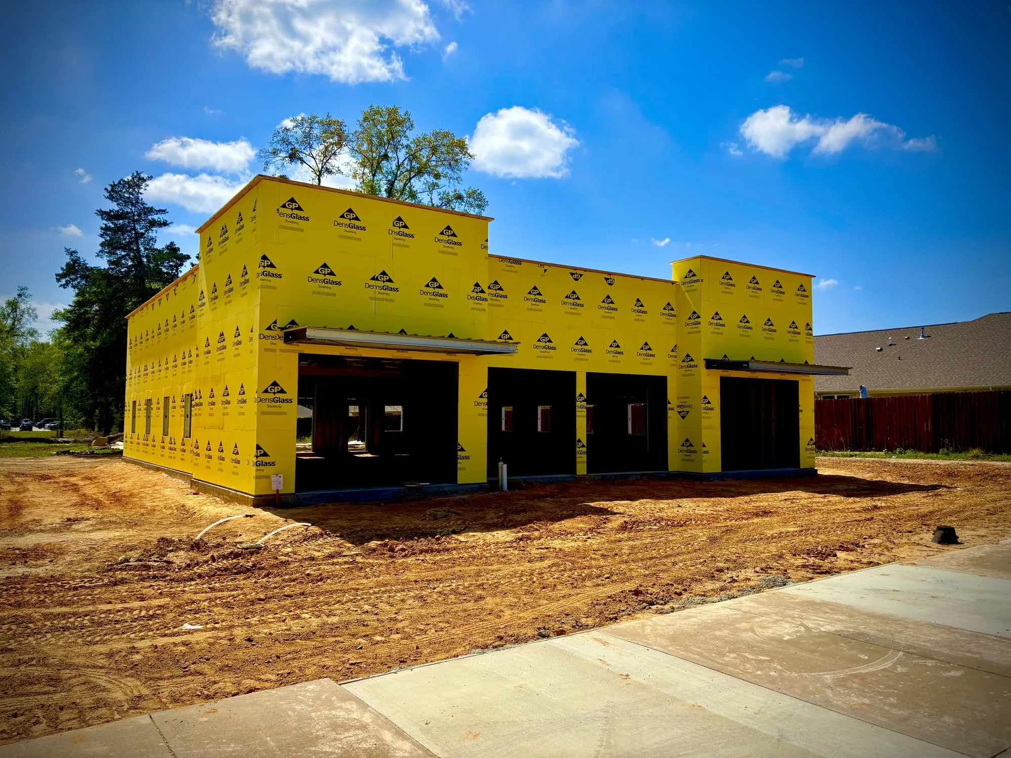 Cold-formed metal framing and exterior sheathing on a new commercial retail building